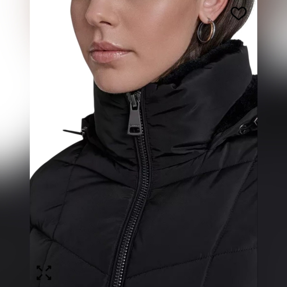 Women Calvin Klein Hooded Stand Collar Long Puffer Coat Black Medium MSRP $285 - Picture 5 of 16